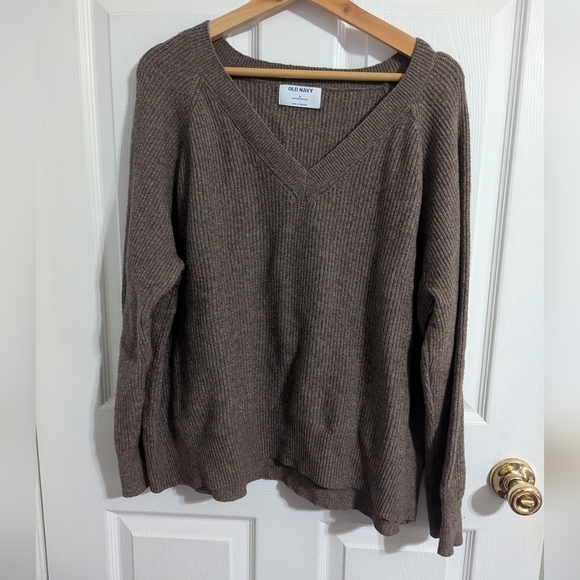 Old Navy Womens XL Sweater Brown V Neck Tan Extra Large Top Long Sleeve Pullover - Picture 1 of 4